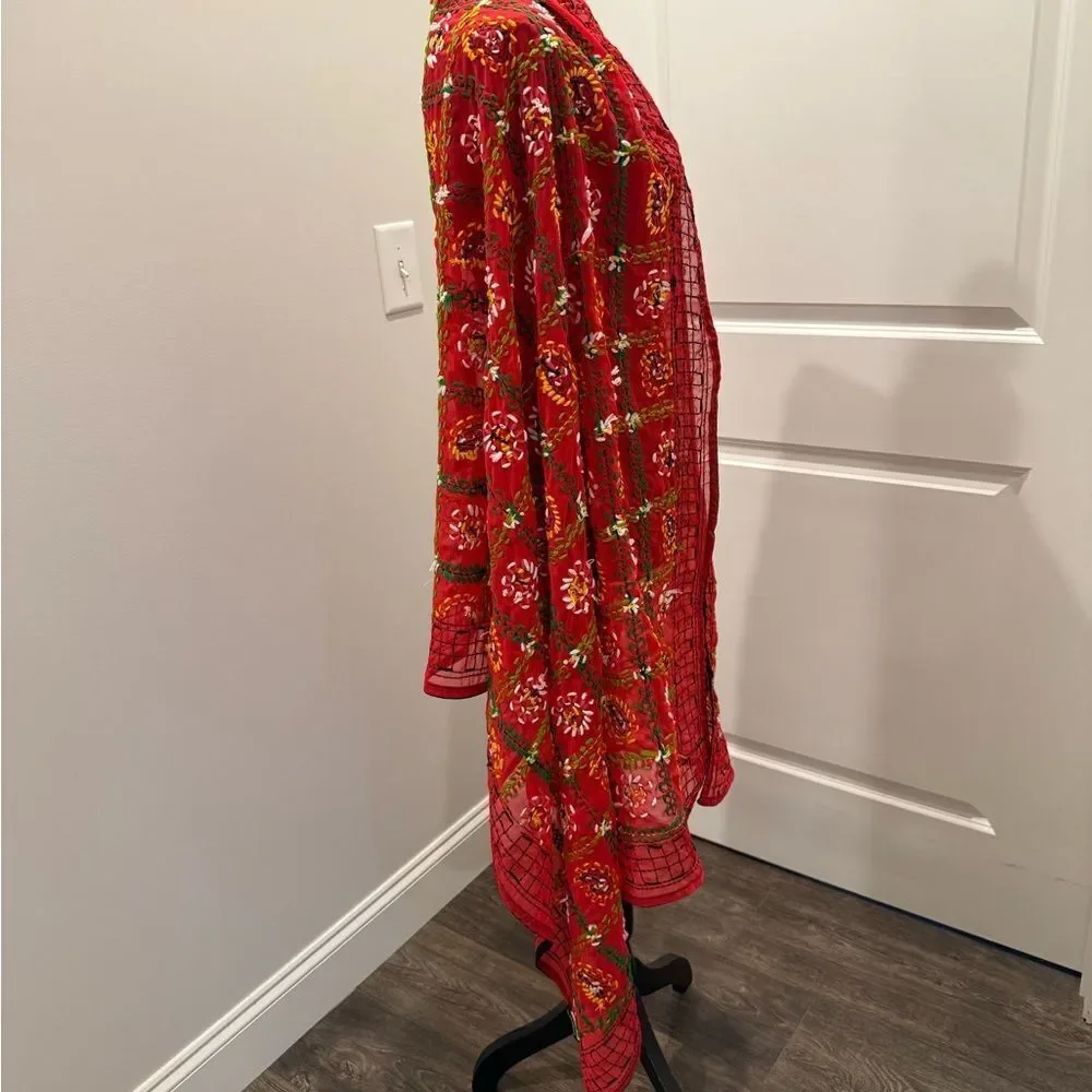 Tolani 86” x 34 “long red with hand embroidery flowers, vintage scarf